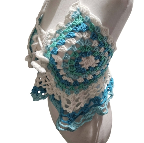 Handmade Granny Square Crochet Halter Top Mermaidcore Boho Criss-cross Icy Blue - Picture 14 of 17